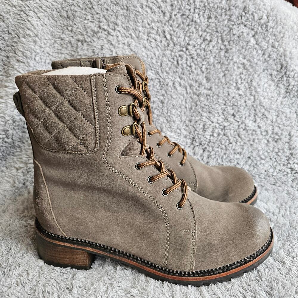 NEW Seychelles Women‎ Quilted Leather Lace Up Side Zip Combat Boots Sz 8.5 Taupe
